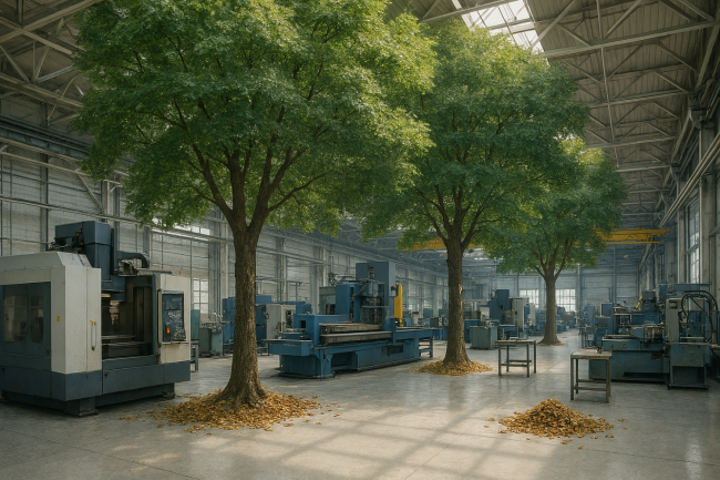 Zelená barva nad hlavou, šumění listí a zpěv ptáků by mohly v hale vytvářet příjemné prostředí pro práci.